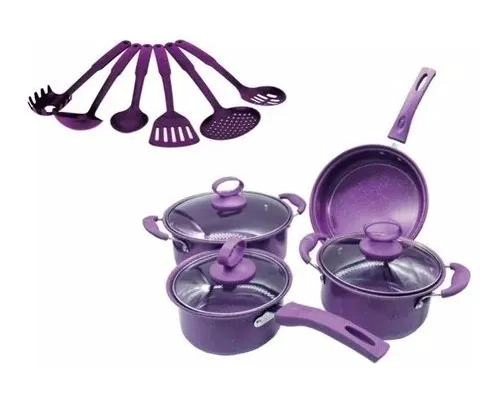 JUEGO DE OLLAS ANTIADHERENTES CON UTENSILIOS 14 PIEZAS COLOR MORADO - 2