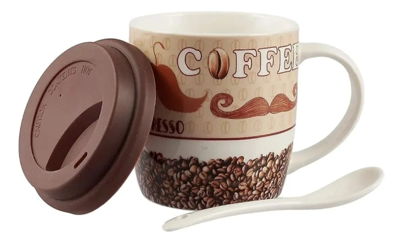 TAZON DE CERAMICA GRANDE CON TAPA Y CUCHARA PARA BEBIDAS CALIENTES - 1