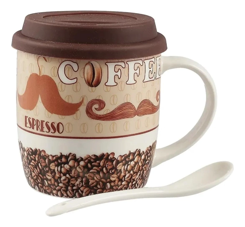TAZON DE CERAMICA GRANDE CON TAPA Y CUCHARA PARA BEBIDAS CALIENTES - 2