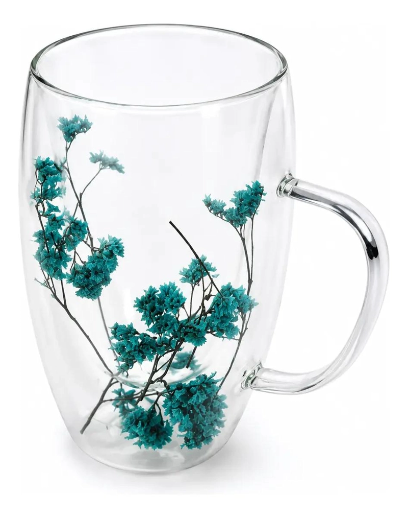 TAZA DE VIDRIO DOBLE PARED CON FLORES DECORATIVAS 450 ML - 1