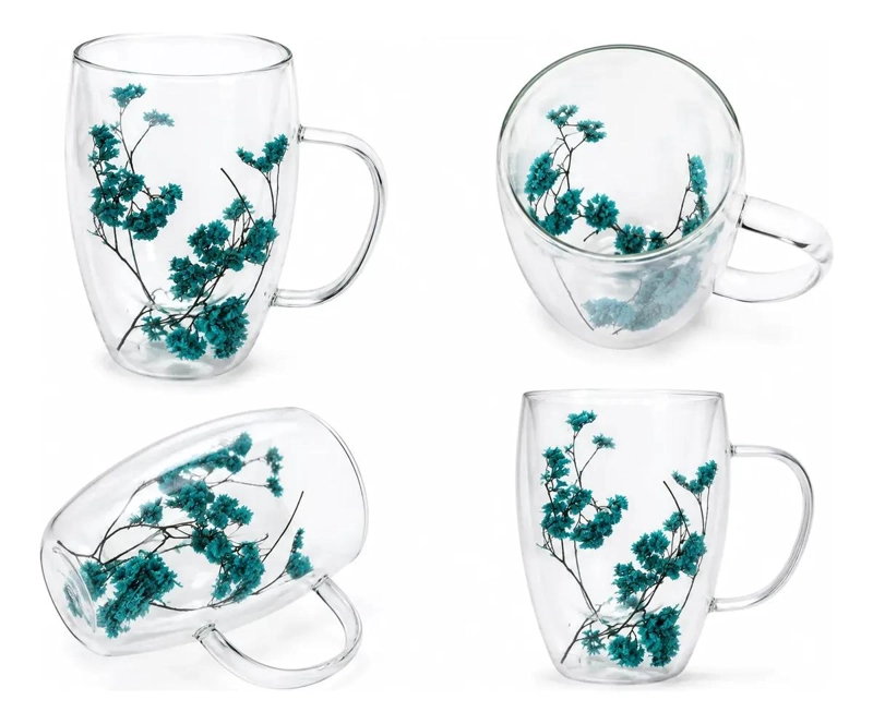 TAZA DE VIDRIO DOBLE PARED CON FLORES DECORATIVAS 450 ML - 2