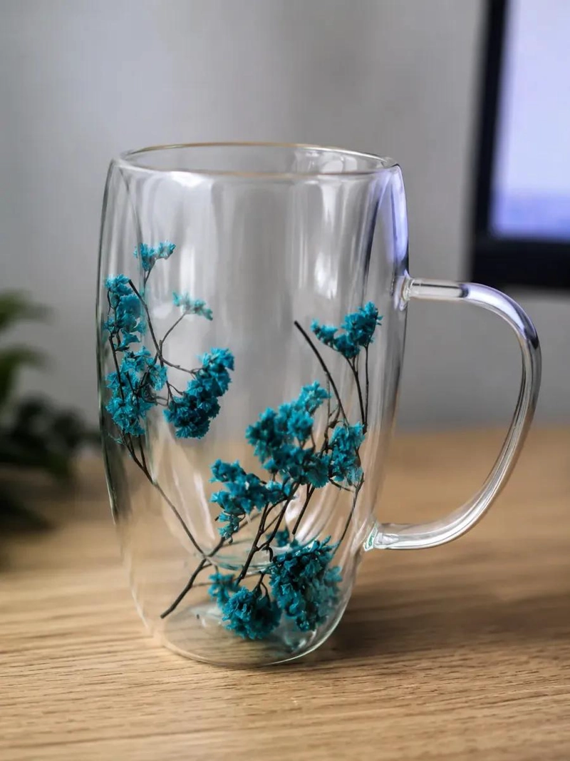 TAZA DE VIDRIO DOBLE PARED CON FLORES DECORATIVAS 450 ML - 4