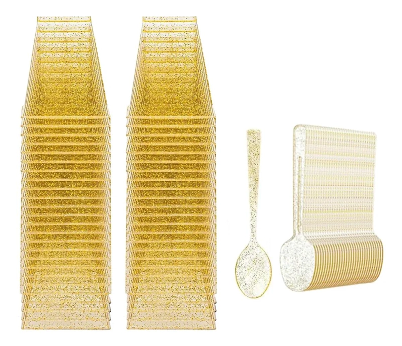 SET DE 50 VASOS DE POSTRE DORADOS DE 150ML CON CUCHARAS - 10