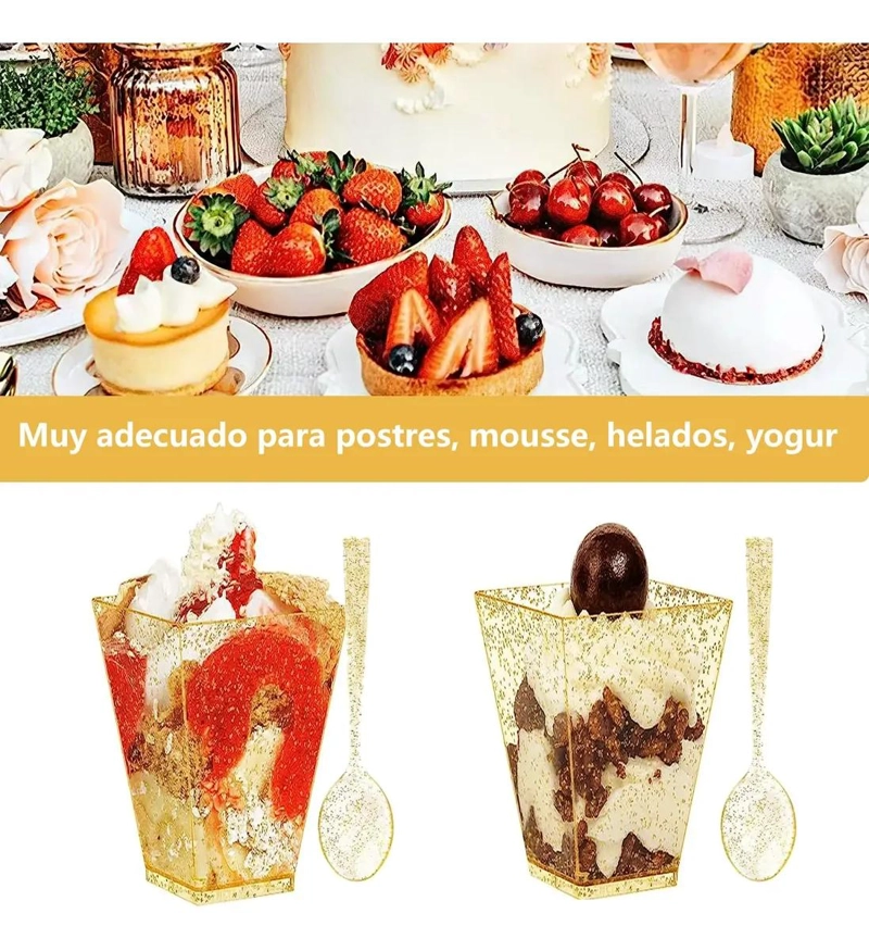 SET DE 50 VASOS DE POSTRE DORADOS DE 150ML CON CUCHARAS - 3