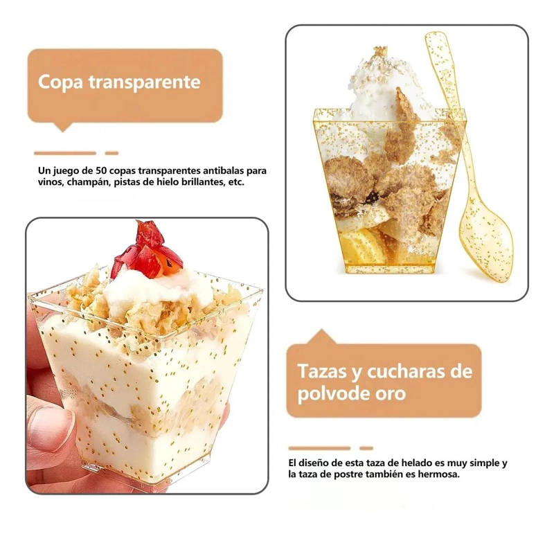 SET DE 50 VASOS DE POSTRE DORADOS DE 150ML CON CUCHARAS - 5