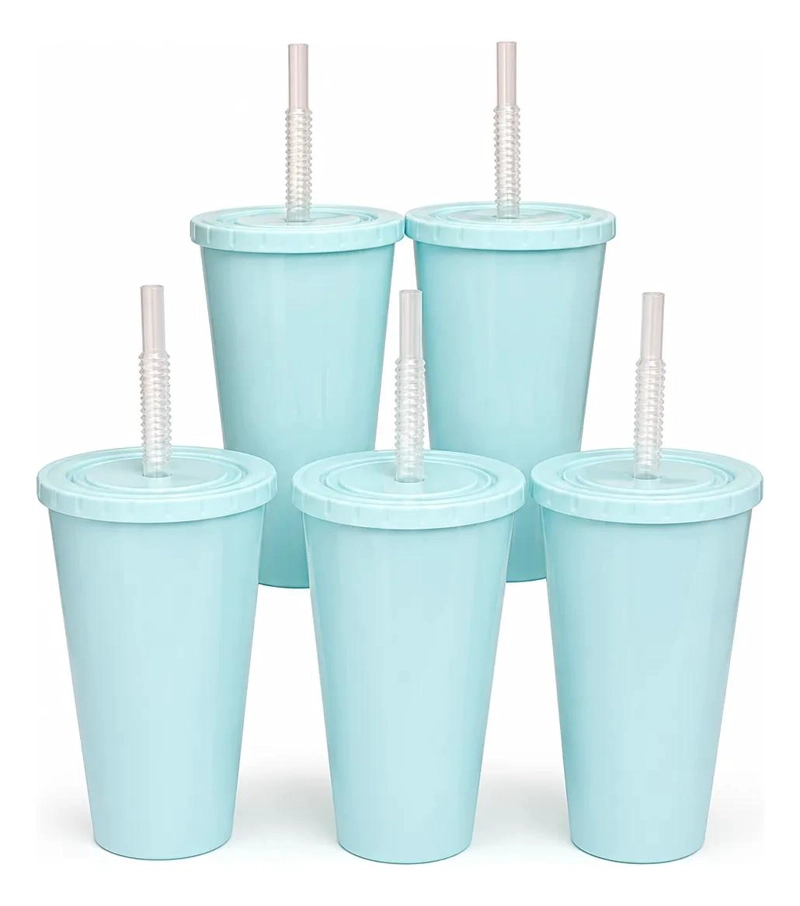 PACK DE 12 VASOS REUTILIZABLES CELESTES CON TAPA Y BOMBILLA - 1