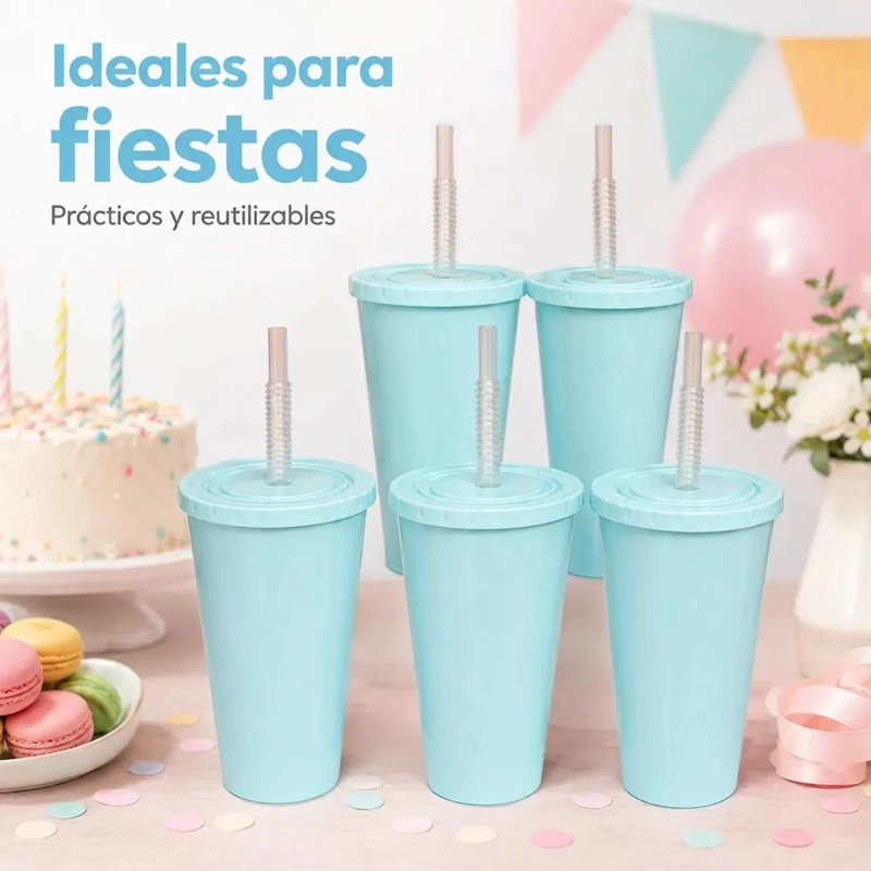 PACK DE 12 VASOS REUTILIZABLES CELESTES CON TAPA Y BOMBILLA - 10