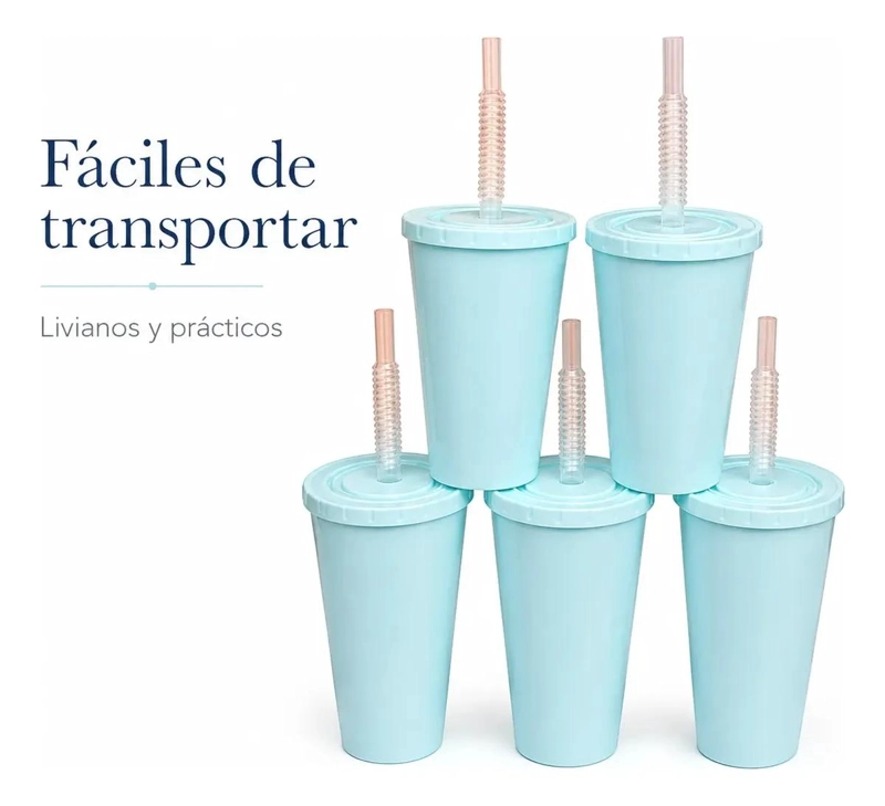 PACK DE 12 VASOS REUTILIZABLES CELESTES CON TAPA Y BOMBILLA - 2