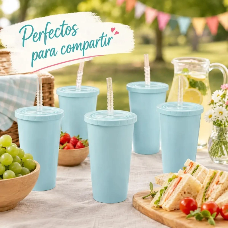 PACK DE 12 VASOS REUTILIZABLES CELESTES CON TAPA Y BOMBILLA - 3