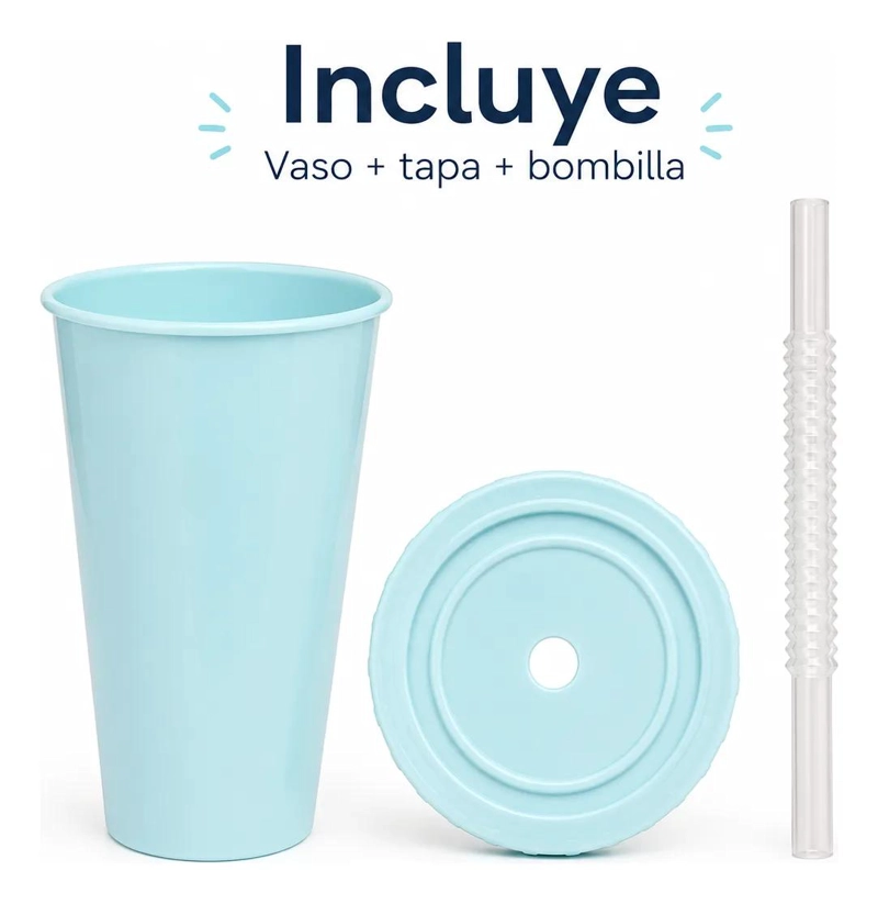PACK DE 12 VASOS REUTILIZABLES CELESTES CON TAPA Y BOMBILLA - 4