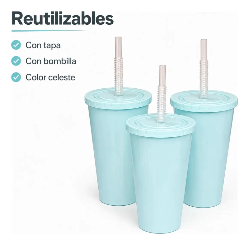 PACK DE 12 VASOS REUTILIZABLES CELESTES CON TAPA Y BOMBILLA - 5