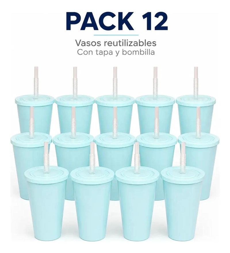PACK DE 12 VASOS REUTILIZABLES CELESTES CON TAPA Y BOMBILLA - 7