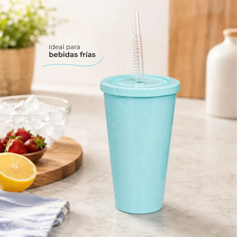 PACK DE 12 VASOS REUTILIZABLES CELESTES CON TAPA Y BOMBILLA - 9