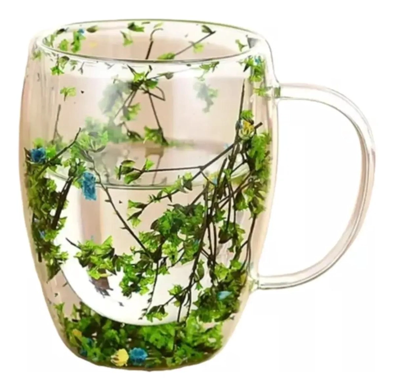 TAZA DE VIDRIO DOBLE PARED CON DISEÑO DE FLOR SECA - 1