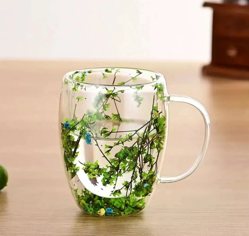 TAZA DE VIDRIO DOBLE PARED CON DISEÑO DE FLOR SECA - 2