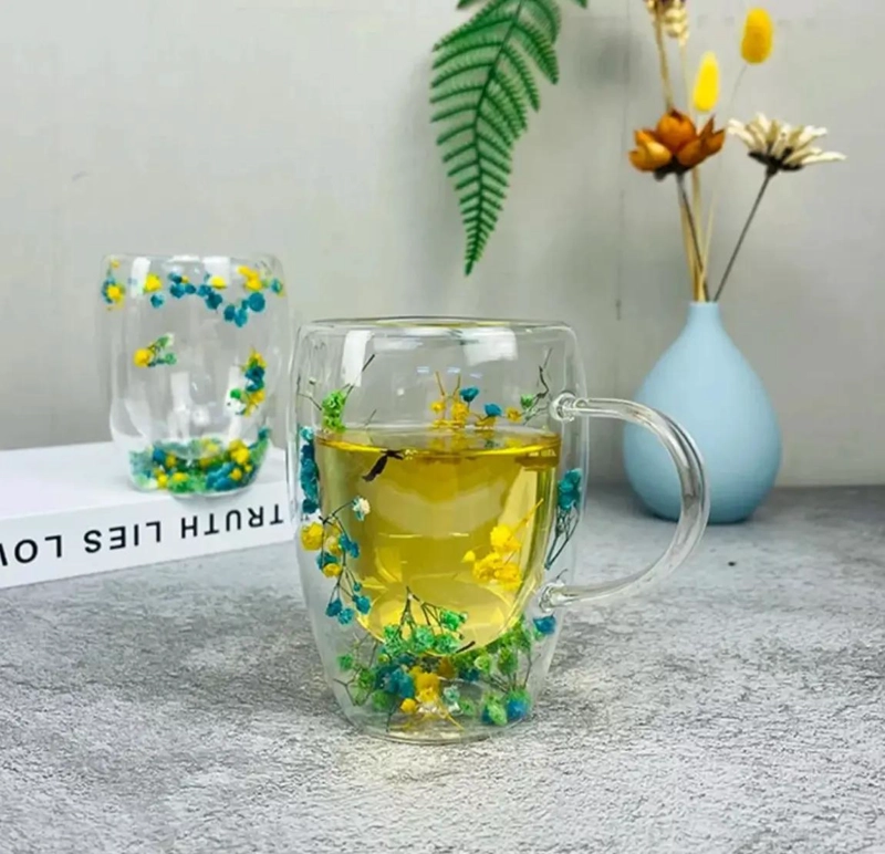TAZA DE VIDRIO DOBLE PARED CON DISEÑO DE FLOR SECA - 3