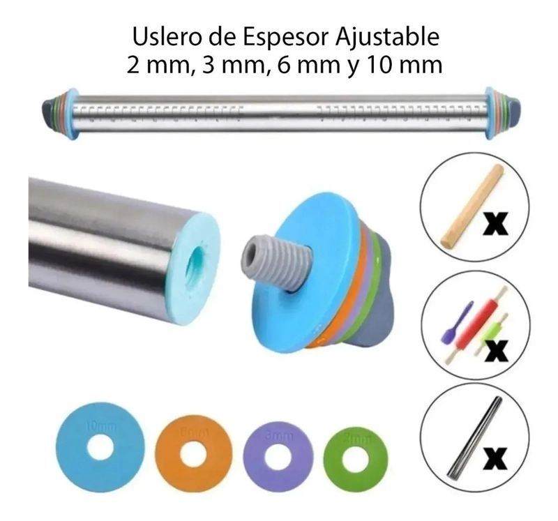 RODILLO AJUSTABLE PARA FONDANT Y MASAS CON ACERO INOXIDABLE - 6