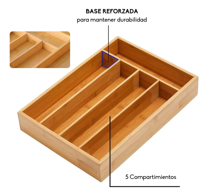 ORGANIZADOR DE CUBIERTOS DE MADERA PARA CAJON CON 5 COMPARTIMENTOS - 3
