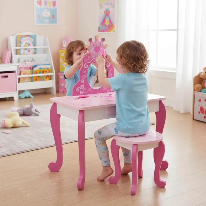 TOCADOR INFANTIL ROSA CON ESPEJO Y TABURETE DE MADERA - 3