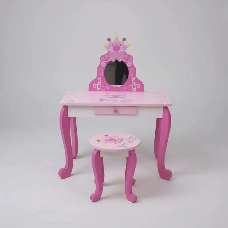TOCADOR INFANTIL ROSA CON ESPEJO Y TABURETE DE MADERA - 5