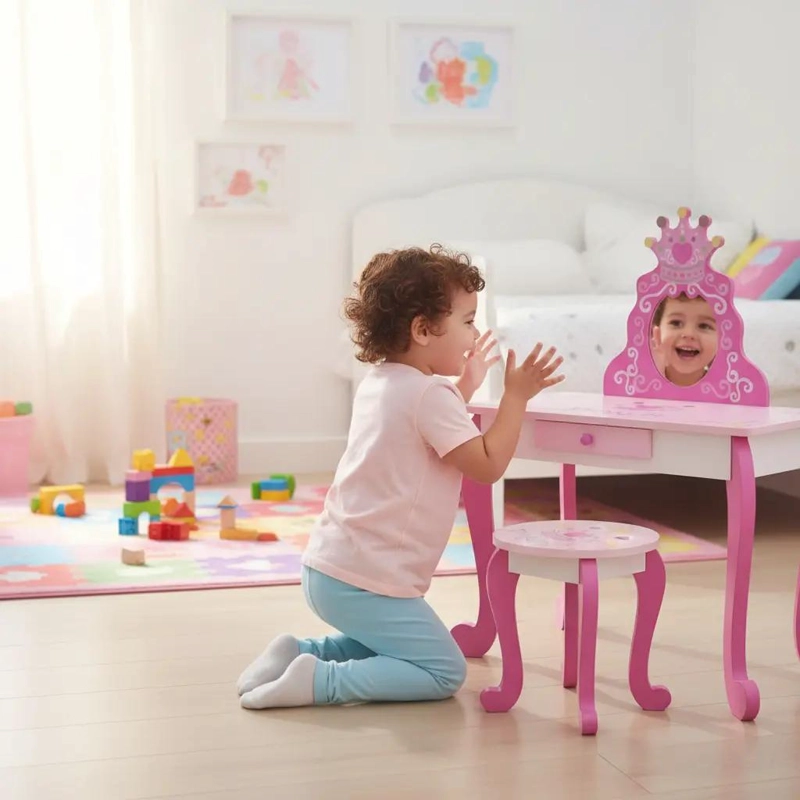 TOCADOR INFANTIL ROSA CON ESPEJO Y TABURETE DE MADERA - 7