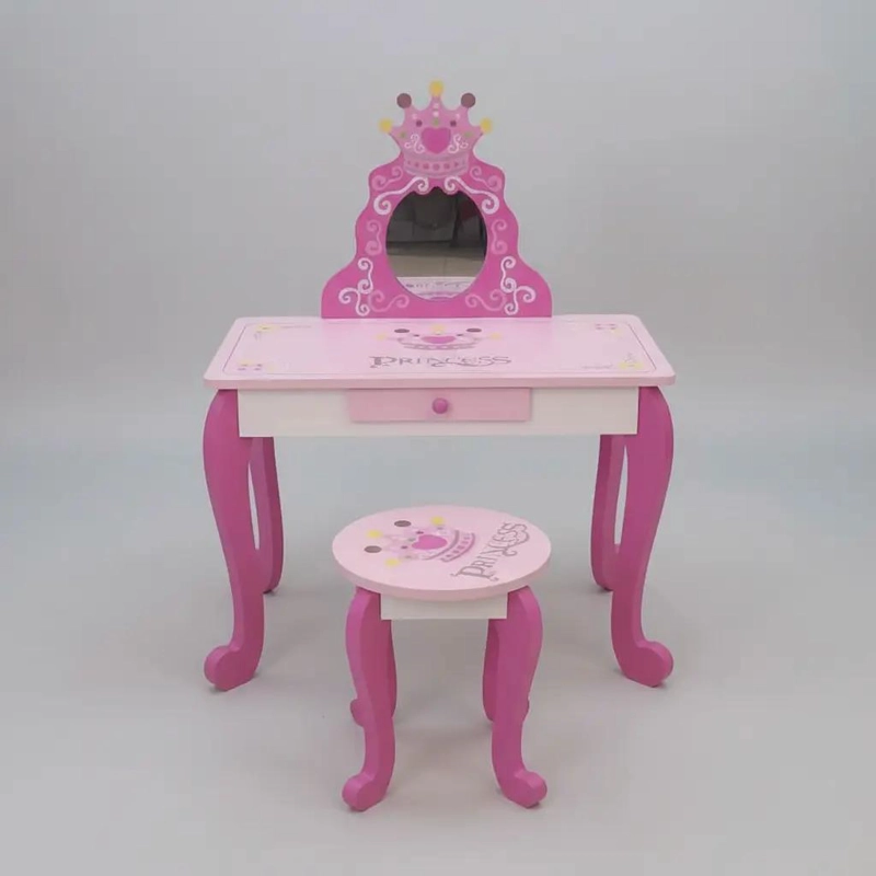 TOCADOR INFANTIL ROSA CON ESPEJO Y TABURETE DE MADERA - 8