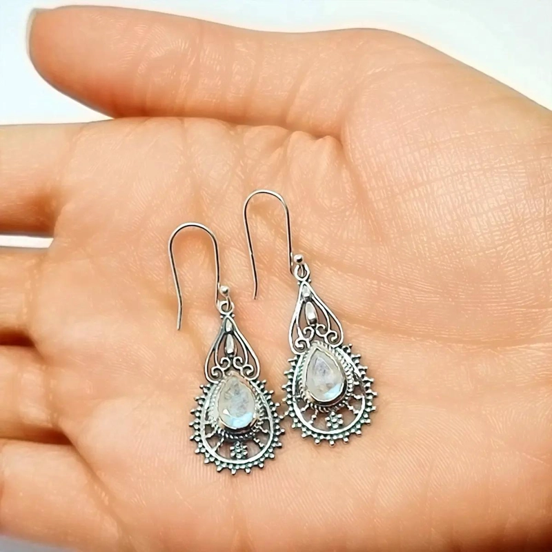 AROS DE PLATA FINA 925 CON PIEDRA NATURAL MODERNA - 3