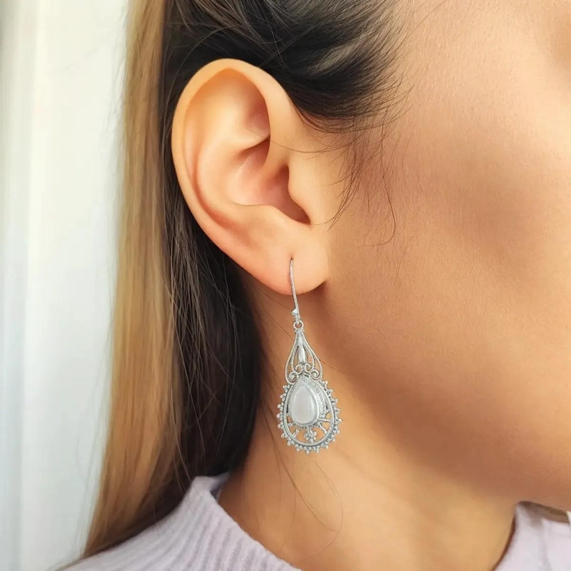 AROS DE PLATA FINA 925 CON PIEDRA NATURAL MODERNA - 4