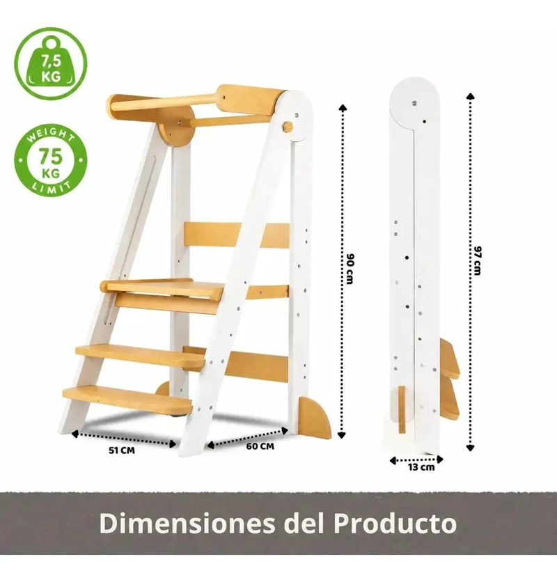 TORRE DE APRENDIZAJE PLEGABLE DE MADERA AJUSTABLE PARA NIÑOS - 3