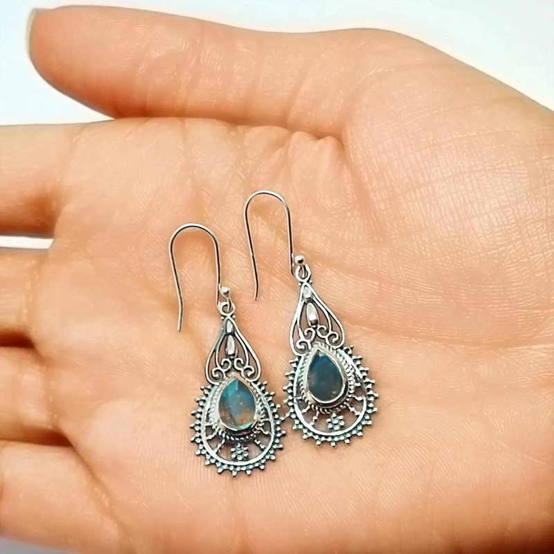AROS DE PLATA FINA 925 CON LABRADORITA Y DISEÑO MODERNO - 3