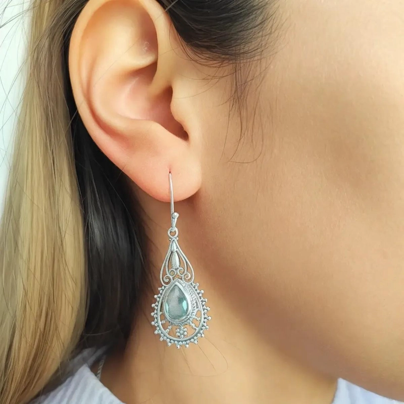 AROS DE PLATA FINA 925 CON LABRADORITA Y DISEÑO MODERNO - 4