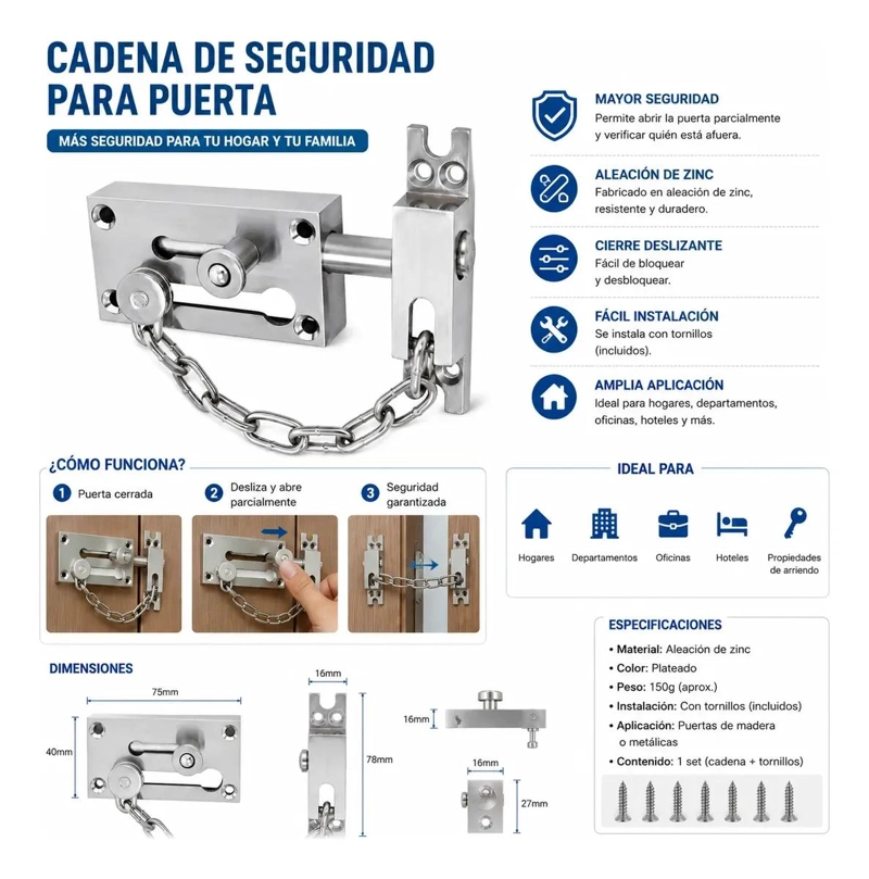 CADENA DE SEGURIDAD METALICA PARA PUERTA COLOR PLATEADO - 2