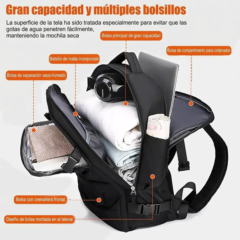 MOCHILA DE VIAJE IMPERMEABLE 35L CON PUERTO USB Y COMPARTIMENTO LAPTOP - 2