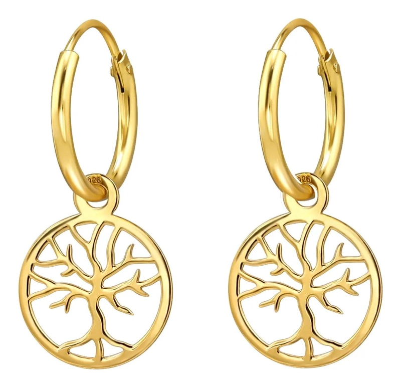 AROS ARGOLLAS ARBOL DE LA VIDA EN PLATA 925 CON BAÑO DE ORO - 1