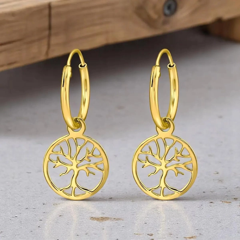 AROS ARGOLLAS ARBOL DE LA VIDA EN PLATA 925 CON BAÑO DE ORO - 2