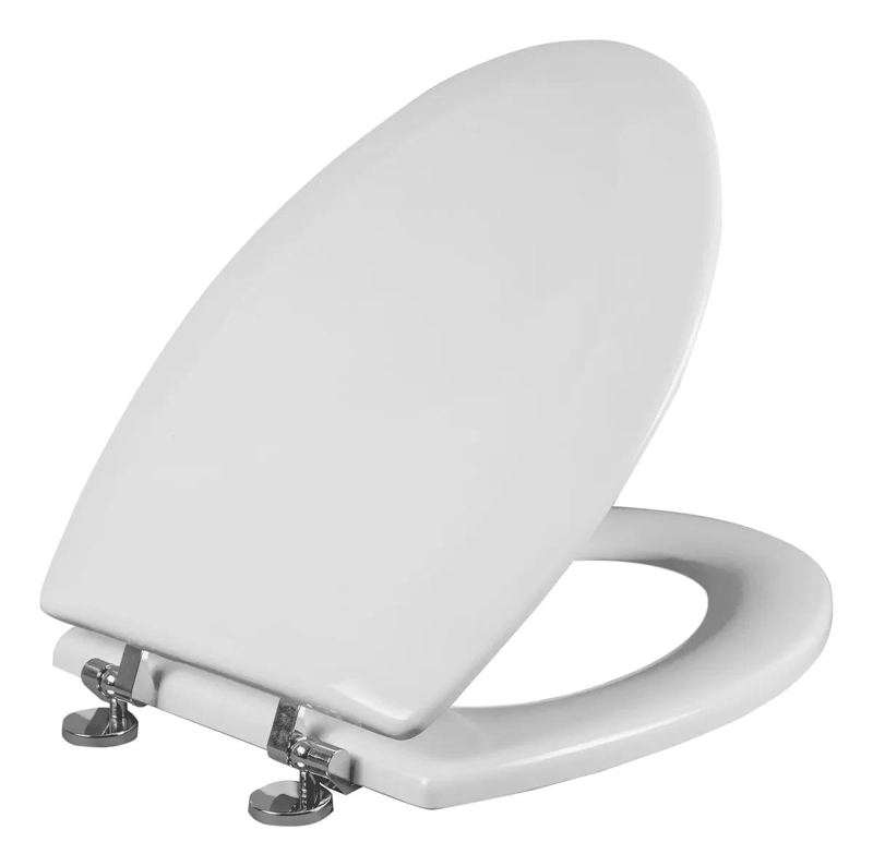 ASIENTO DE INODORO ELONGADO BLANCO CON BISAGRAS CROMADAS - 2