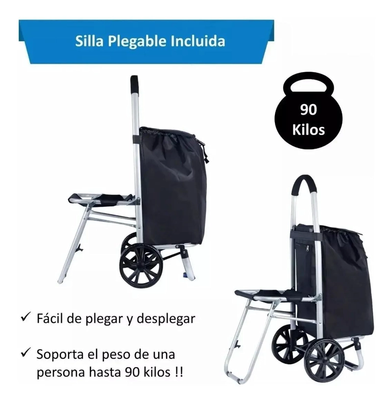 CARRO PLEGABLE DE COMPRAS CON ASIENTO Y BOLSA IMPERMEABLE - 2