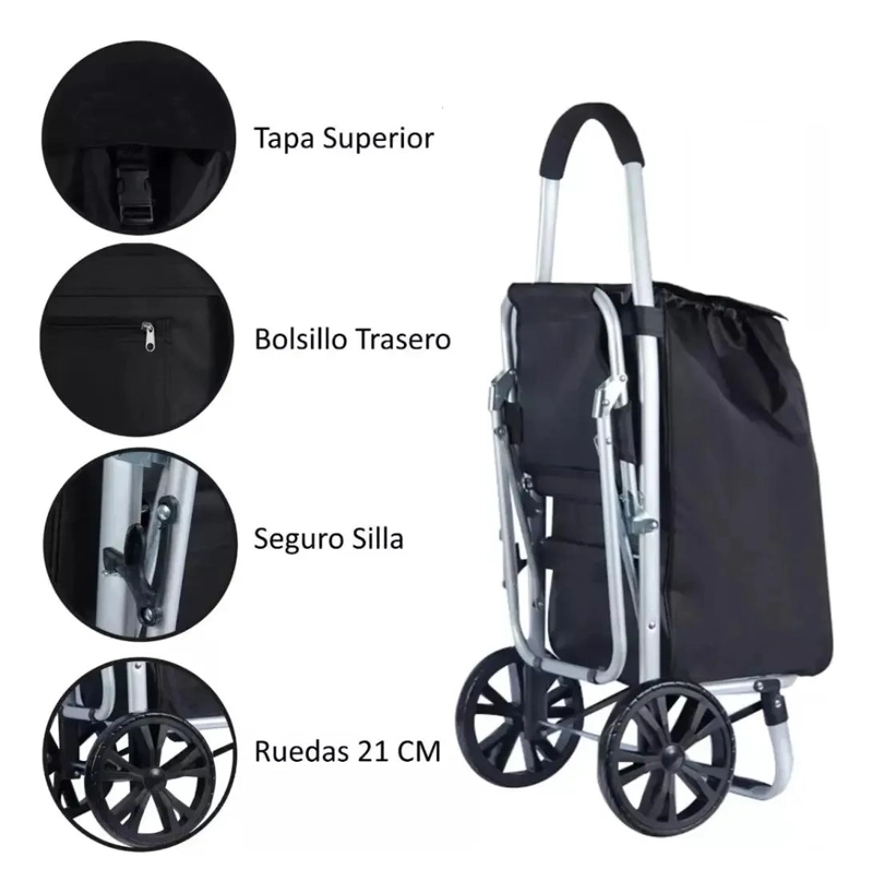 CARRO PLEGABLE DE COMPRAS CON ASIENTO Y BOLSA IMPERMEABLE - 3