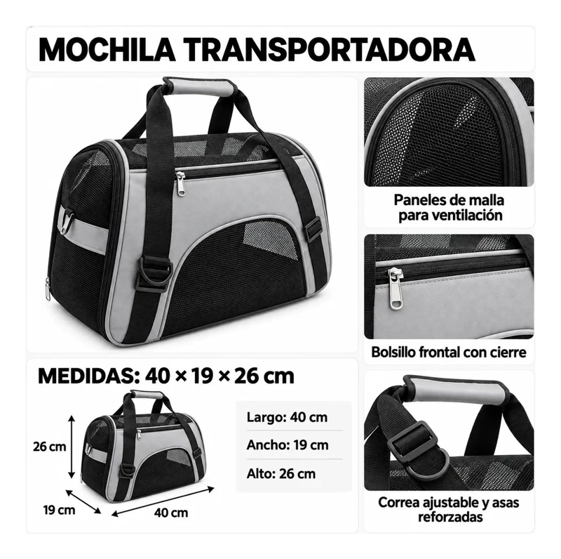 BOLSO PLEGABLE PARA TRANSPORTE DE MASCOTAS PEQUEÑAS EN GRIS - 4