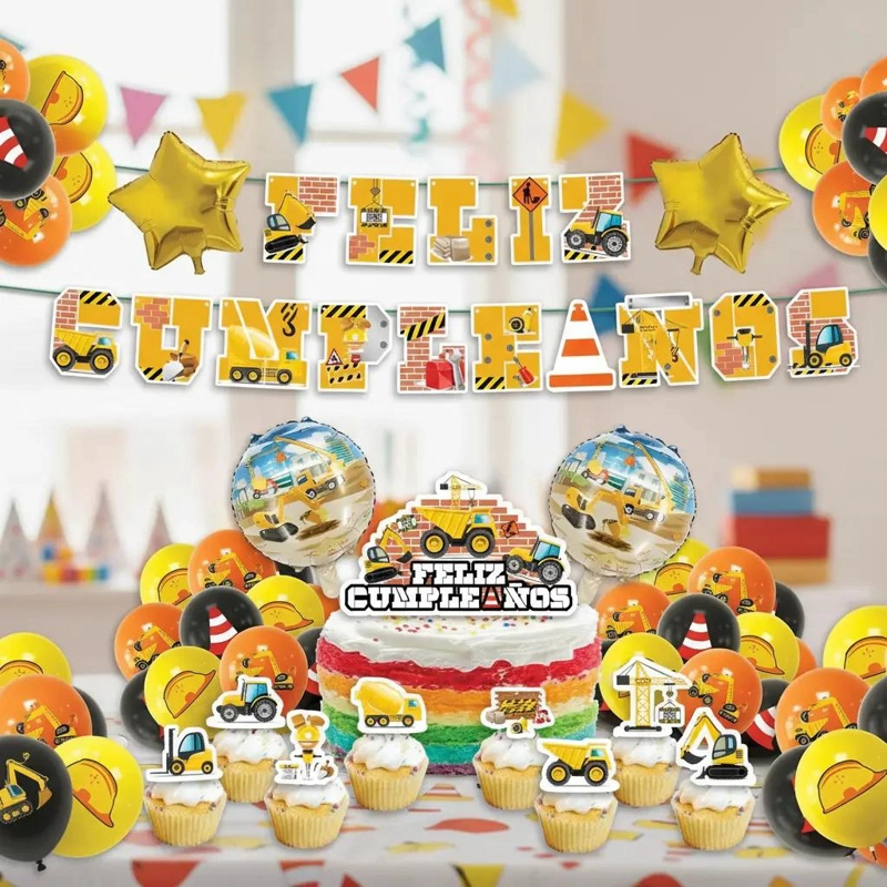SET DE DECORACION TEMATICA DE CUMPLEAÑOS CAMIONES DE CONSTRUCCION - 1