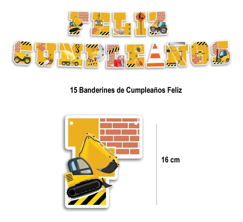 SET DE DECORACION TEMATICA DE CUMPLEAÑOS CAMIONES DE CONSTRUCCION - 4