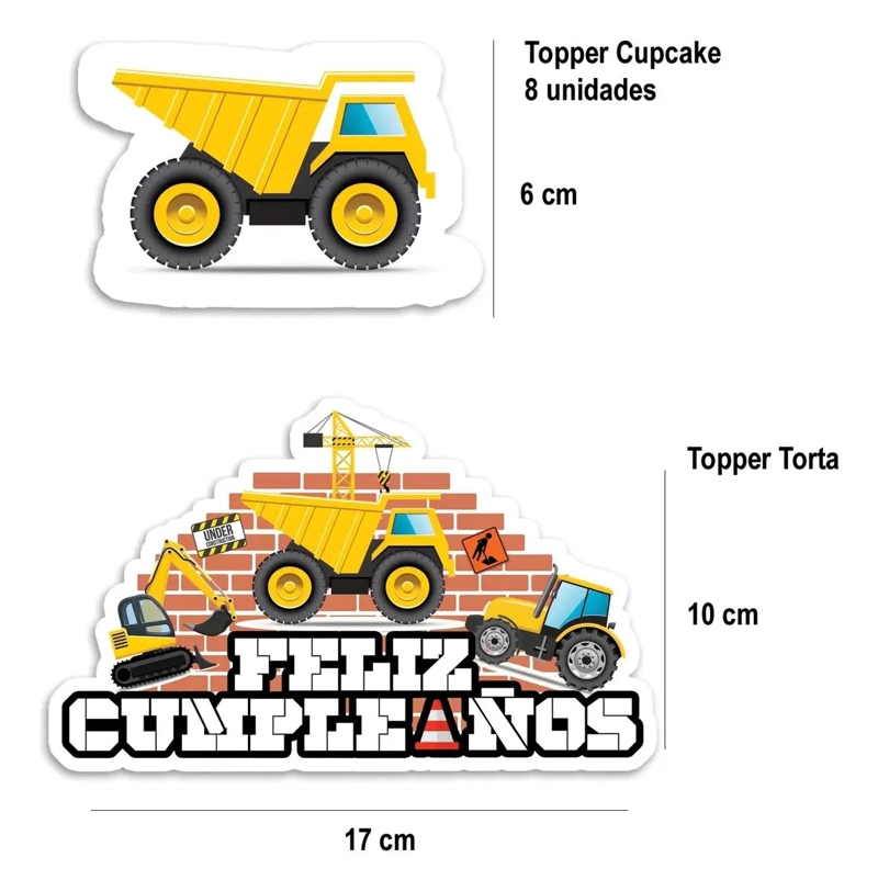 SET DE DECORACION TEMATICA DE CUMPLEAÑOS CAMIONES DE CONSTRUCCION - 5