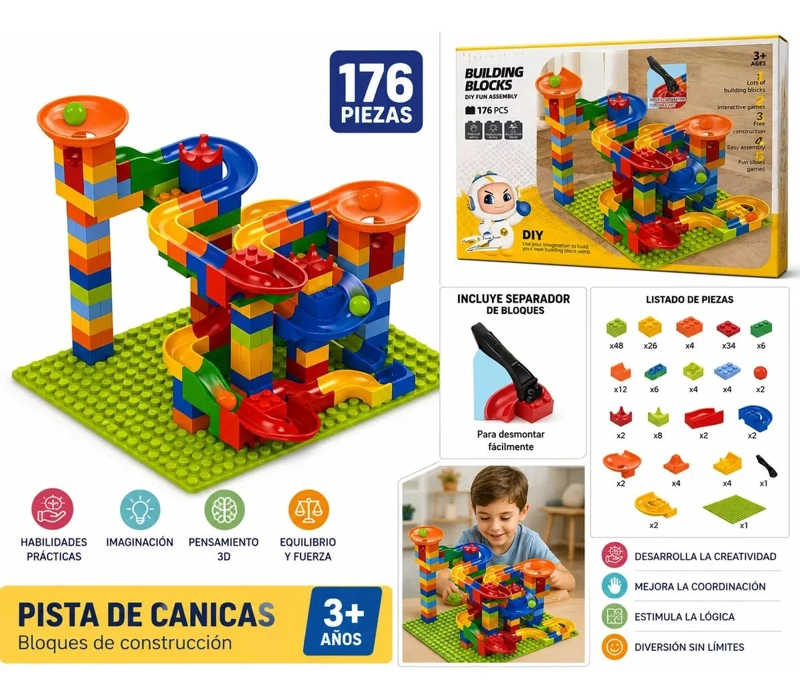 PISTA DE CANICAS Y BLOQUES DE CONSTRUCCION 176 PIEZAS - 3