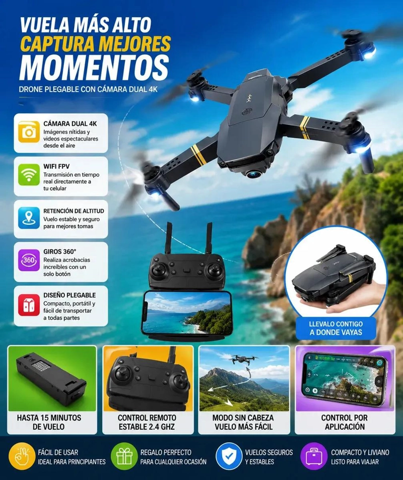 DRONE AE REO PLEGABLE CON DOBLE CAMARA Y ESTABILIZADOR 4K - 2