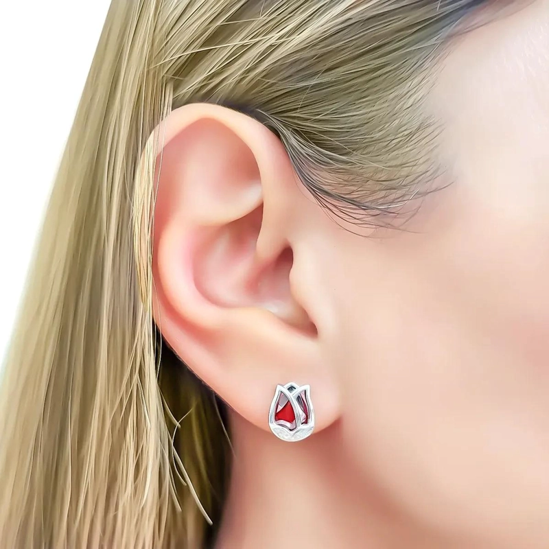 AROS TULIPAN CON CIRCON ROJO EN PLATA FINA 925 - 3