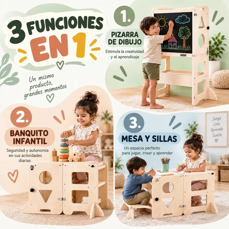 TORRE DE APRENDIZAJE MONTESSORI PLEGABLE CON PIZARRA MULTIFUNCIONAL - 6