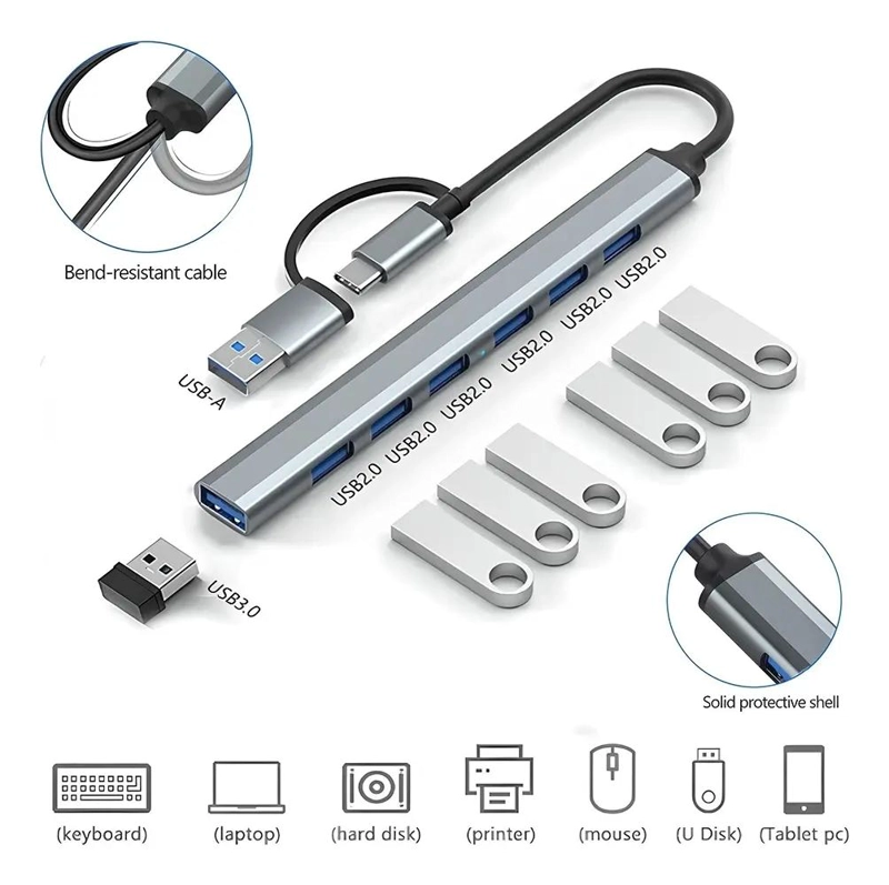HUB ADAPTADOR USB 3.0 7 PUERTOS TIPO C COMPACTO - 7