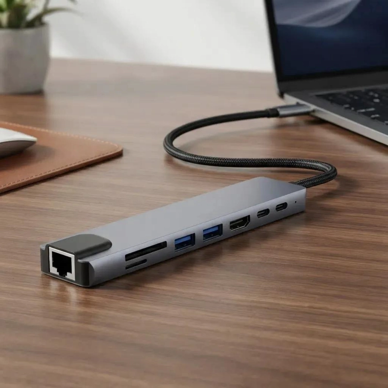 HUB ADAPTADOR USB TIPO C 8 PUERTOS PARA NOTEBOOK GRIS - 1