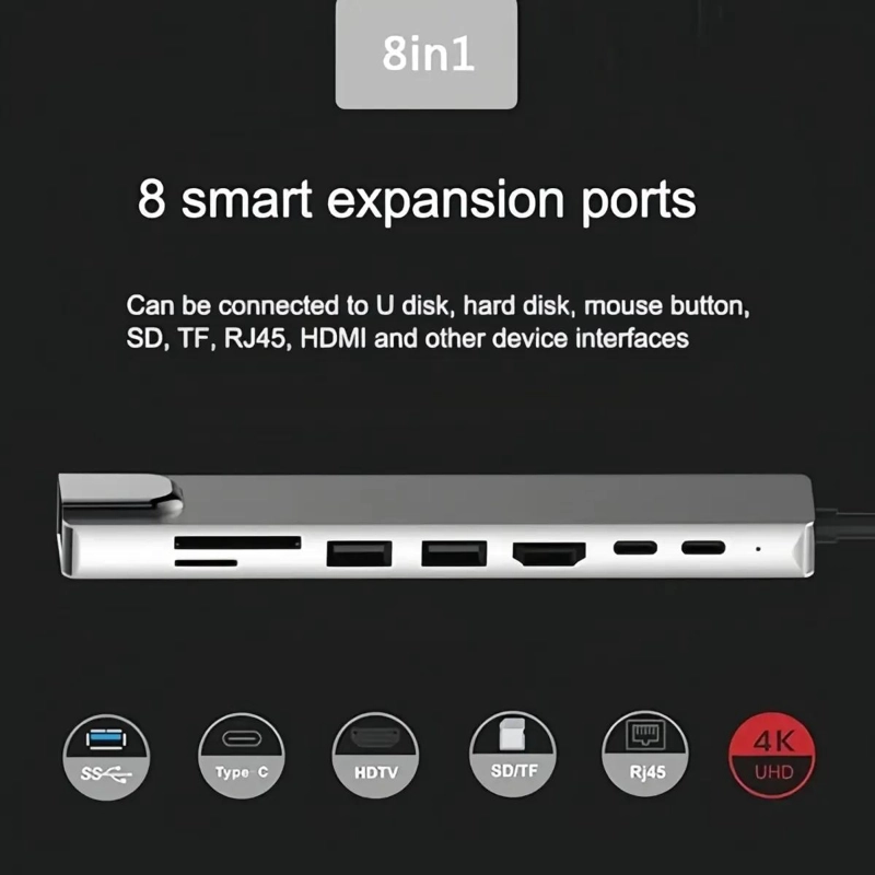 HUB ADAPTADOR USB TIPO C 8 PUERTOS PARA NOTEBOOK GRIS - 3