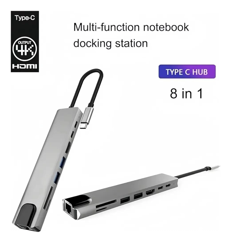 HUB ADAPTADOR USB TIPO C 8 PUERTOS PARA NOTEBOOK GRIS - 6